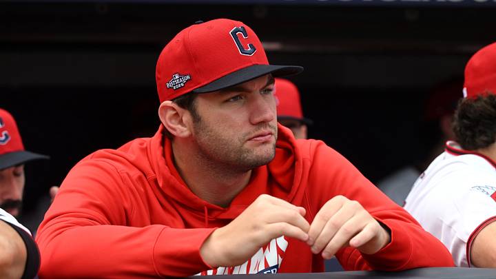 Oct 3, 2026; Cleveland, Ohio, USA;  Cleveland Guardians pitcher Gavin Williams (32) looks on from the dugout before the game against the Chicago White Sox in game one of the ALDS for the 2026 MLB Playoffs at Progressive Field.  Mandatory Credit: Ken Blaze-Imagn Images