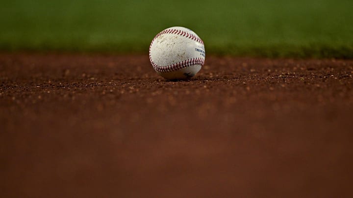 Aug 4, 2025; Arlington, Texas, USA; A view of an MLB baseball during the game between the Texas Rangers and the New York Yankees