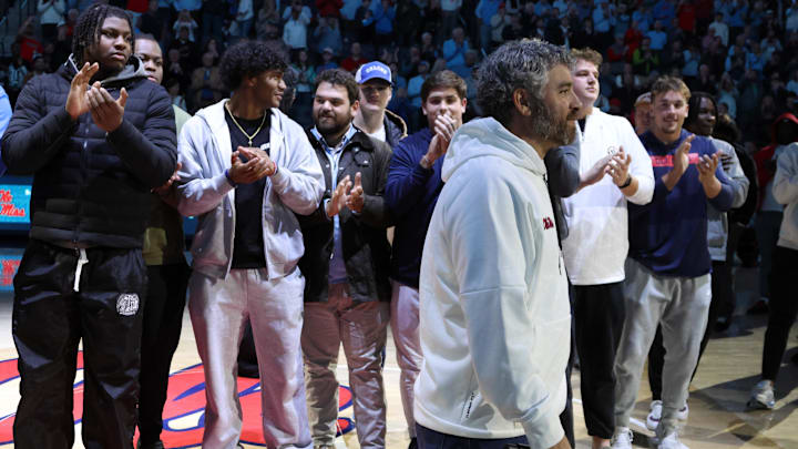 Dec 2, 2025; Oxford, Mississippi, USA; Mississippi Rebels head coach football Pete Golding is introduced during a timeout during the first half against the Miami Hurricanes at The Sandy and John Black Pavilion at Ole Miss. Mandatory Credit: Petre Thomas-Imagn Images
