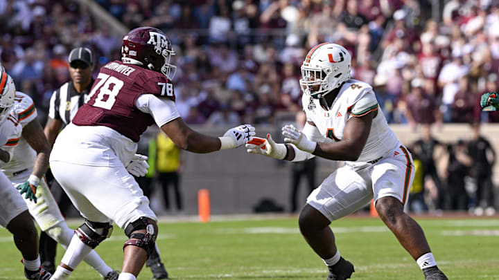 Dec 20, 2025; College Station, TX, USA; Texas A&M Aggies offensive lineman Dametrious Crownover (78) blocks Miami Hurricanes defensive lineman Rueben Bain Jr. (4) during the game between the Aggies and the Hurricanes at Kyle Field. Mandatory Credit: Jerome Miron-Imagn Images