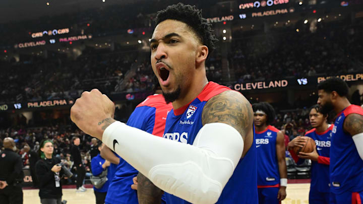 Dec 21, 2024; Cleveland, Ohio, USA; Philadelphia 76ers forward KJ Martin (1) reacts during introductions before the game between the Cleveland Cavaliers and the 76ers at Rocket Mortgage FieldHouse. Mandatory Credit: Ken Blaze-Imagn Images