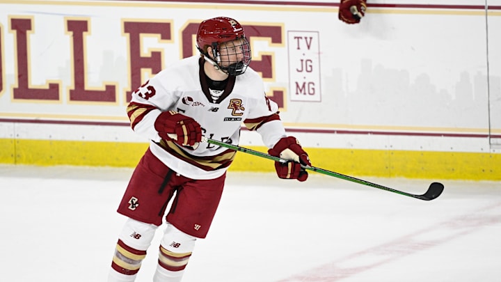 Feb 28, 2025; Chestnut Hill, MA, USA; Boston College forward Will Traeger (23) skates against the University of New Hampshire Wildcats during the third period at Conte Forum. Mandatory Credit: Eric Canha-Imagn Images