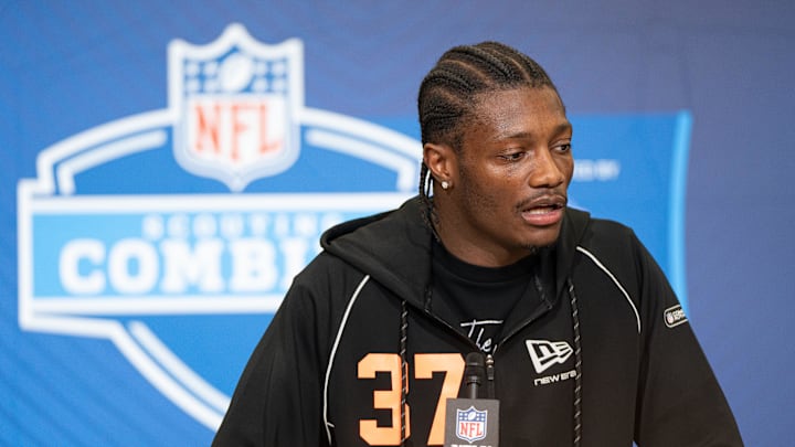 Feb 27, 2026; Indianapolis, IN, USA; Ohio State wideout Carnell Tate (WO37) speaks to members of the media during the NFL Combine at the Indiana Convention Center. Mandatory Credit: Jacob Musselman-Imagn Images