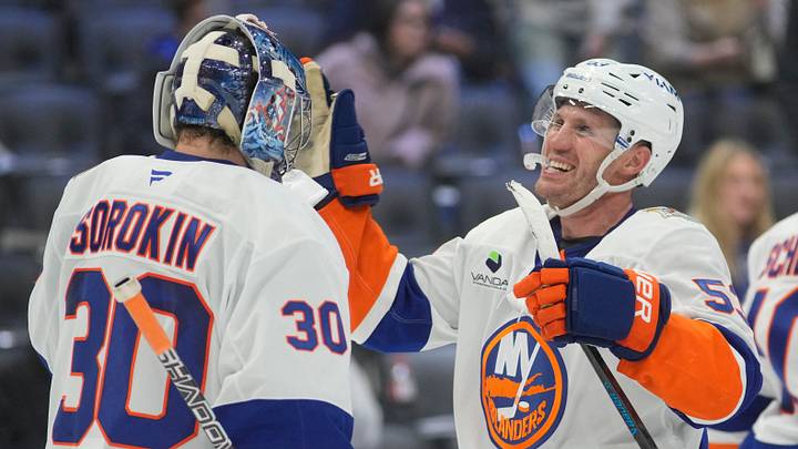 Oct 17, 2026; Toronto, Ontario, CAN;  New York Islanders forward Casey Cizikas (53) and goaltender Ilya Sorokin (30) celebrate a win over the Toronto Maple Leafs at Scotiabank Arena.  Mandatory Credit: John E. Sokolowski-Imagn Images
