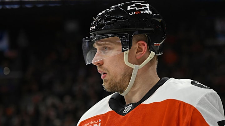 Mar 5, 2026; Philadelphia, Pennsylvania, USA; Philadelphia Flyers defenseman Rasmus Ristolainen (55) against the Utah Mammoth during the second period at Xfinity Mobile Arena.
