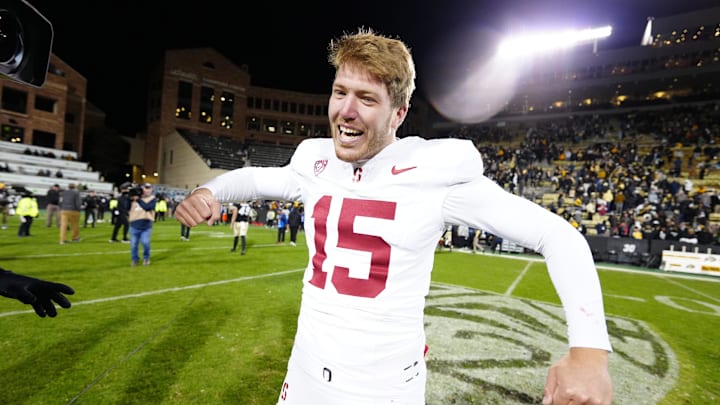 Oct 13, 2023; Boulder, Colorado, USA; Stanford Cardinal punter Connor Weselman (15) celebrates defeating the Colorado Buffaloes in double overtime at Folsom Field. Mandatory Credit: Ron Chenoy-Imagn Images Oct 13, 2023; Boulder, Colorado, USA; Stanford Cardinal punter Connor Weselman (15) celebrates defeating the Colorado Buffaloes in double overtime at Folsom Field. Mandatory Credit: Ron Chenoy-Imagn Images