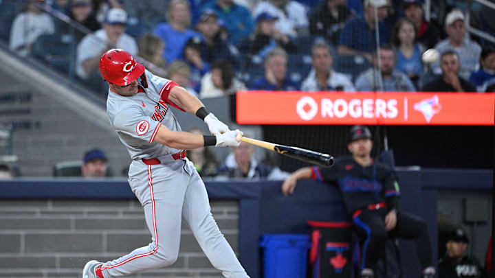 Aug 21, 2024; Toronto, Ontario, CAN; Cincinnati Reds left fielder Spencer Steer (7) hits a two run home run against the Toronto Blue Jays in the fourth inning at Rogers Centre. Mandatory Credit: Dan Hamilton-Imagn Images Aug 21, 2024; Toronto, Ontario, CAN; Cincinnati Reds left fielder Spencer Steer (7) hits a two run home run against the Toronto Blue Jays in the fourth inning at Rogers Centre. Mandatory Credit: Dan Hamilton-Imagn Images