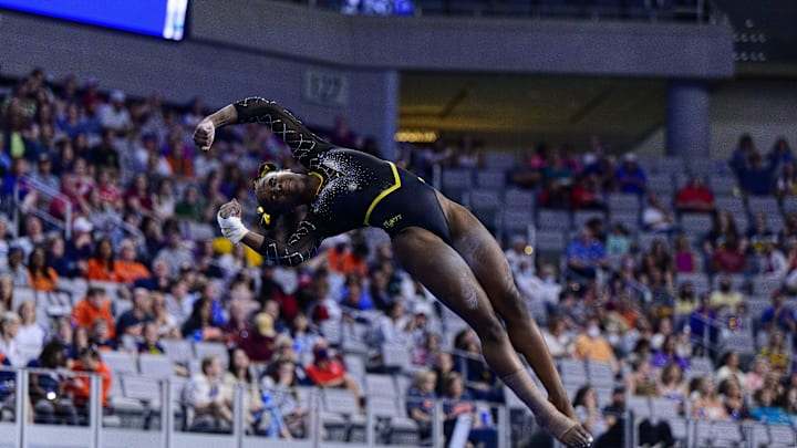 Apr 14, 2022; Fort Worth, TX, USA; University of Missouri gymnast Amari Celestine during the session two semi finals at Dickies Arena. Mandatory Credit: Jerome Miron-Imagn Images