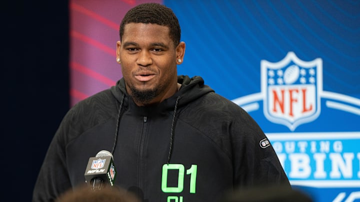 Mar 1, 2025; Indianapolis, IN, USA; University of Texas offensive lineman Kelvin Banks (OL01) answers questions at a press conference during the 2025 NFL Combine at Indiana Convention Center. Mandatory Credit: Jacob Musselman-Imagn Images
