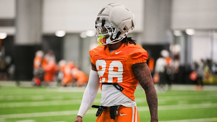 Tennessee defensive back TJ Metcalf (28) during the Vols' first spring football practice in Knoxville on March 16, 2026.
