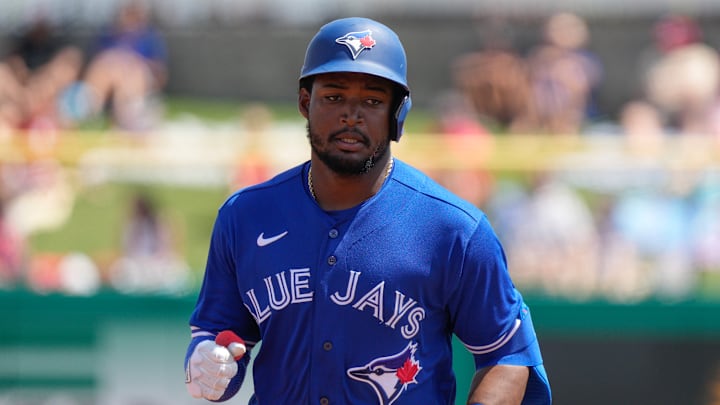 Orelvis Martinez rounds the bases after hitting a solo home run against the Philadelphia Phillies in a 2022 Spring Training game at BayCare Ballpark in Clearwater, Fla.