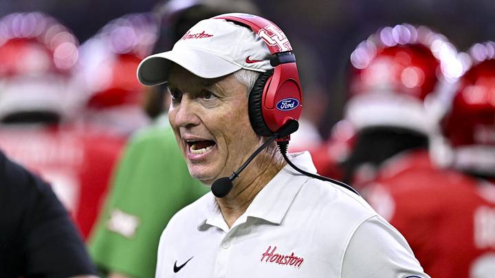 Dec 27, 2025; Houston, TX, USA; Houston Cougars head coach Willie Fritz reacts during the second half against the Louisiana State Tigers at NRG Stadium. Mandatory Credit: Maria Lysaker-Imagn Images 