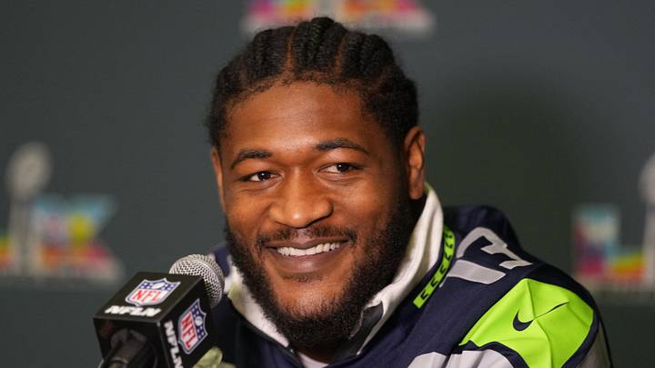 Seattle Seahawks linebacker Ernest Jones IV (13) talks to media members