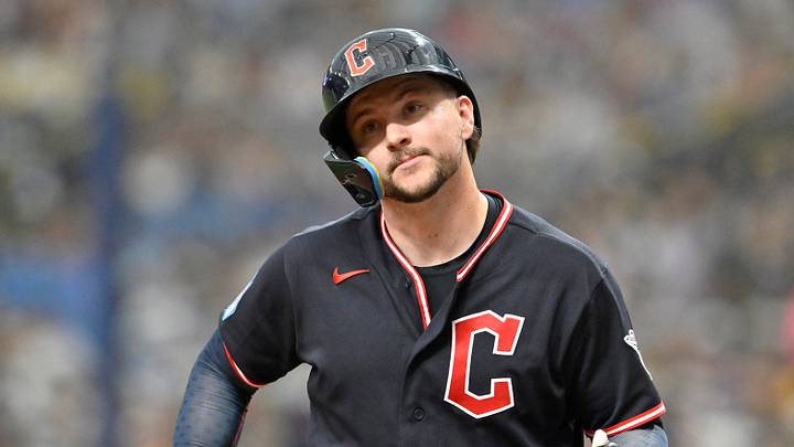 St. Petersburg, Florida, USA; Cleveland Guardians catcher Patrick Bailey (16) reacts after a strike out during the fifth inning against Tampa Bay Rays at Tropicana Field. Mandatory Credit: Pablo Robles-Imagn Images