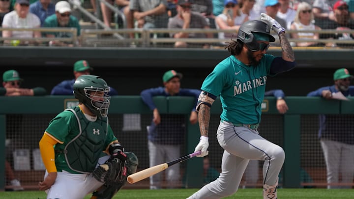 Seattle Mariners shortstop J.P. Crawford (3) at bat against the Oakland Athletics in the third inning at Hohokam Stadium on March 17.