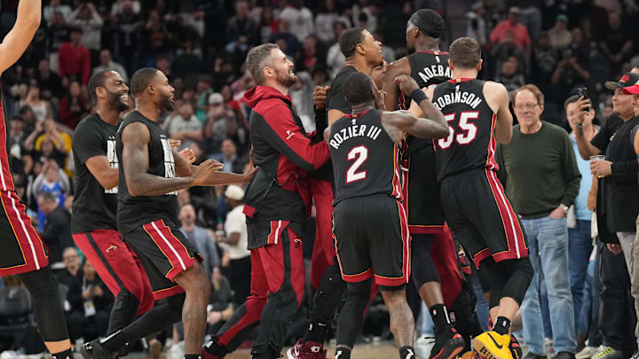 Feb 1, 2025; San Antonio, Texas, USA; Miami Heat players celebrate after center Bam Adebayo (13) scored the winning basket at the end of the game to defeat the San Antonio Spurs at Frost Bank Center. Mandatory Credit: Scott Wachter-Imagn Images