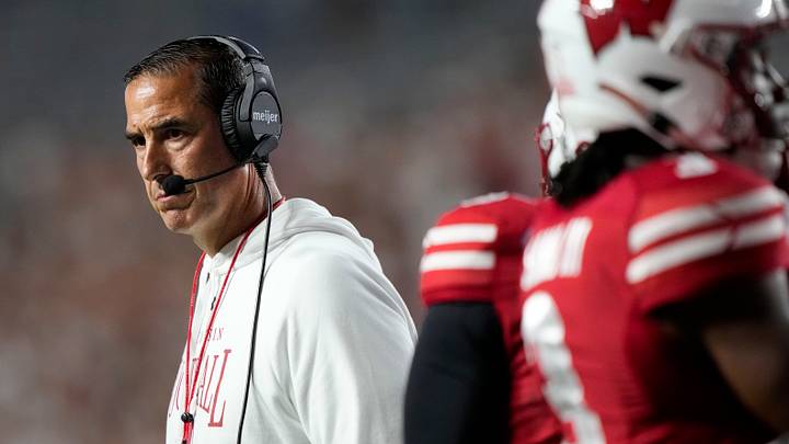 Sep 12, 2026; Madison, Wisconsin, USA;  Wisconsin Badgers head coach Luke Fickell looks on during the fourth quarter against the Western Illinois Leathernecks at Camp Randall Stadium. Mandatory Credit: Jeff Hanisch-Imagn Images