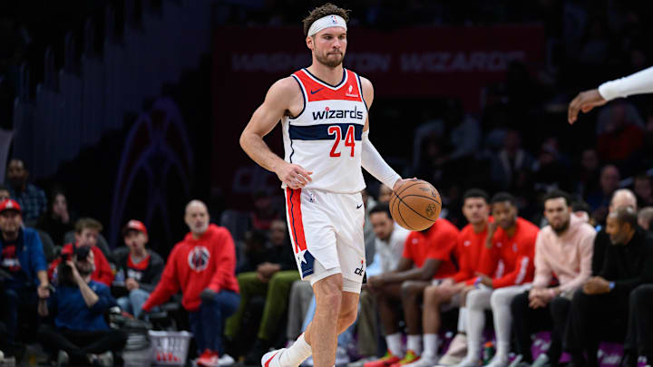 Apr 2, 2024; Washington, District of Columbia, USA; Washington Wizards forward Corey Kispert (24) brings the ball up court during the third quarter against the Milwaukee Bucks at Capital One Arena. Mandatory Credit: Reggie Hildred-Imagn Images