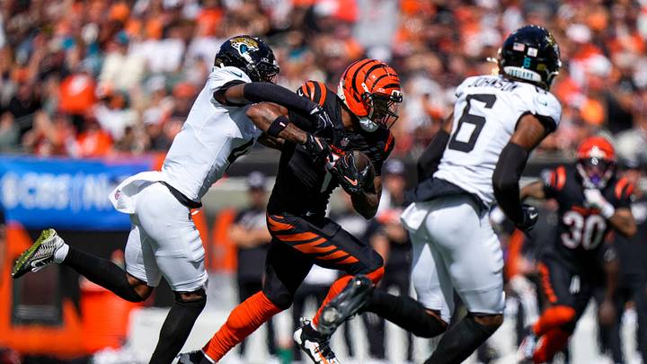 Cincinnati Bengals wide receiver Ja'marr Chase (1) runs with a catch in the second quarter of the NFL Week 4 game between the Cincinnati Bengals and the Jacksonville Jaguars at Paycor Stadium in Cincinnati on Sunday, Oct. 4, 2026. Cincinnati Bengals wide receiver Ja'marr Chase (1) runs with a catch in the second quarter of the NFL Week 4 game between the Cincinnati Bengals and the Jacksonville Jaguars at Paycor Stadium in Cincinnati on Sunday, Oct. 4, 2026.