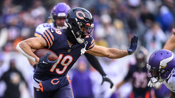 Jan 8, 2023; Chicago, Illinois, USA; Chicago Bears wide receiver Equanimeous St. Brown (19) runs after a catch during the first quarter against the Minnesota Vikings at Soldier Field.