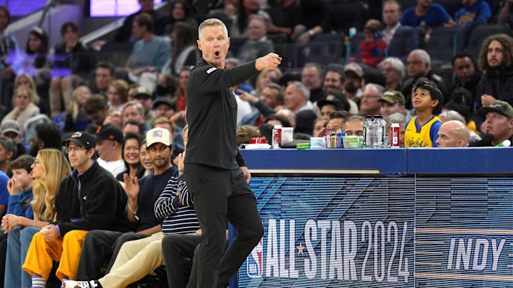 Jan 27, 2024; San Francisco, California, USA; Golden State Warriors head coach Steve Kerr gestures during the fourth quarter against the Los Angeles Lakers at Chase Center. Mandatory Credit: Darren Yamashita-USA TODAY Sports