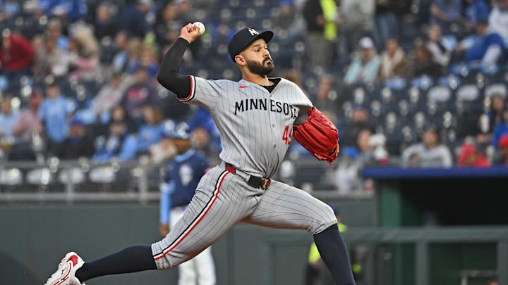 Sep 5, 2025; Kansas City, Missouri, USA;  Minnesota Twins starting pitcher Pablo Lopez (49) throws a pitch in the first inning against the Kansas City Royals at Kauffman Stadium. Mandatory Credit: Peter Aiken-Imagn Images