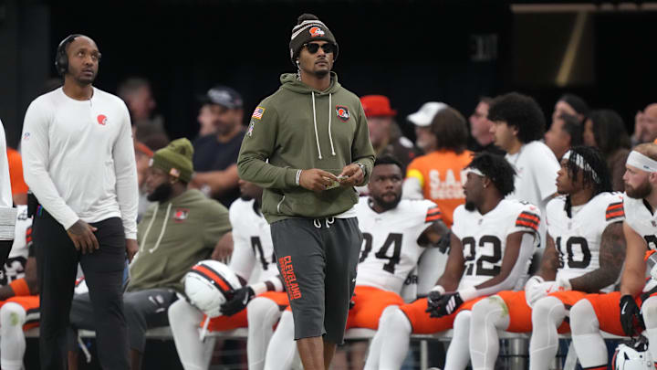 Nov 23, 2025; Paradise, Nevada, USA; Cleveland Browns quarterback Deshaun Watson (4) looks on in the first half against the Las Vegas Raiders at Allegiant Stadium. Mandatory Credit: Kirby Lee-Imagn Images