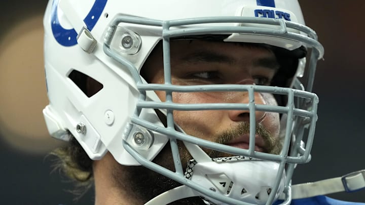Indianapolis Colts guard Tanor Bortolini (60) warms up before an Indianapolis Colts game against the Pittsburgh Steelers on Sunday, Sept. 29, 2024, at Lucas Oil Stadium in downtown Indianapolis.