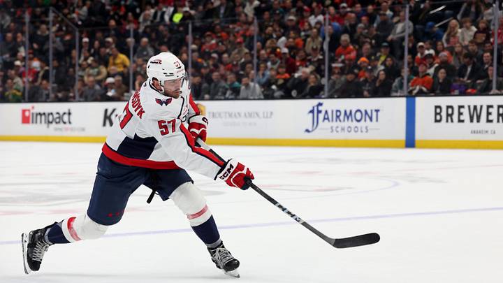 Mar 11, 2025; Anaheim, California, USA; Washington Capitals defenseman Trevor van Riemsdyk (57) shoots during the first period Anaheim Ducksa at Honda Center. Mandatory Credit: Jason Parkhurst-Imagn Images Mar 11, 2025; Anaheim, California, USA; Washington Capitals defenseman Trevor van Riemsdyk (57) shoots during the first period Anaheim Ducksa at Honda Center. Mandatory Credit: Jason Parkhurst-Imagn Images