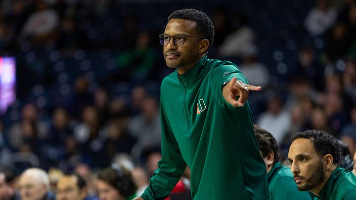 Jan 13, 2026; South Bend, Indiana, USA; Miami (FL) Hurricanes head coach Jai Lucas calls a play against the Notre Dame Fighting Irish during the first half at Purcell Pavilion at the Joyce Center. Mandatory Credit: Michael Caterina-Imagn Images Jan 13, 2026; South Bend, Indiana, USA; Miami (FL) Hurricanes head coach Jai Lucas calls a play against the Notre Dame Fighting Irish during the first half at Purcell Pavilion at the Joyce Center. Mandatory Credit: Michael Caterina-Imagn Images