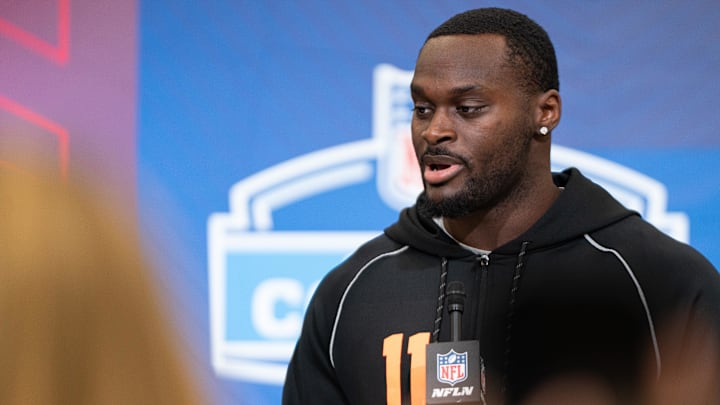 Feb 27, 2026; Indianapolis, IN, USA; Notre Dame running back Jeremiyah Love (RB11) speaks to members of the media during the NFL Combine at the Indiana Convention Center. Mandatory Credit: Jacob Musselman-Imagn Images