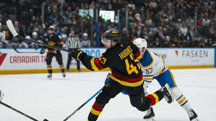 Dec 11, 2025; Vancouver, British Columbia, CAN; Vancouver Canucks defenseman Quinn Hughes (43) shoots against the Buffalo Sabres in the first period at Rogers Arena. Mandatory Credit: Bob Frid-Imagn Images Dec 11, 2025; Vancouver, British Columbia, CAN; Vancouver Canucks defenseman Quinn Hughes (43) shoots against the Buffalo Sabres in the first period at Rogers Arena. Mandatory Credit: Bob Frid-Imagn Images