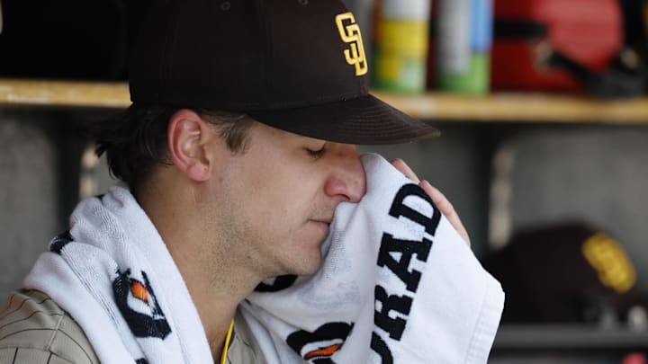 Apr 23, 2025; Detroit, Michigan, USA;  San Diego Padres starting pitcher Kyle Hart (68) sits in dugout in the fourth inning against the Detroit Tigers at Comerica Park. Mandatory Credit: Rick Osentoski-Imagn Images