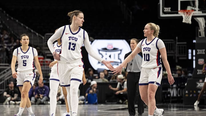 Mar 7, 2025; Kansas City, MO, USA; TCU Horned Frogs center Sedona Prince (13) and guard Hailey Van Lith (10) high five during the third quarter against the Colorado Buffaloes at T-Mobile Center. Mandatory Credit: Amy Kontras-Imagn Images
