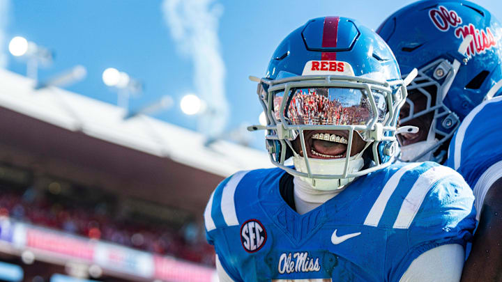 Ole Miss running back Kewan Lacy (5) celebrates after scoring a touchdown during a college football game between Ole Miss and LSU at Vaught-Hemingway Stadium in Oxford, Miss., on Saturday, Sept. 27, 2025. Ole Miss defeated LSU 24-19.