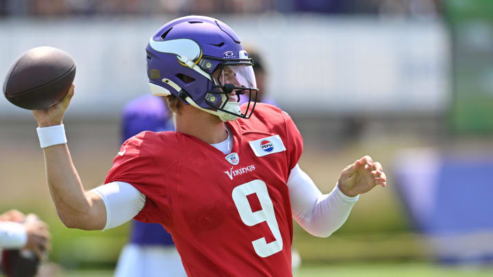 Aug 3, 2024; Eagan, MN, USA; Minnesota Vikings quarterback J.J. McCarthy (9) warms up during practice at Vikings training camp in Eagan, MN. Mandatory Credit: Jeffrey Becker-USA TODAY Sports