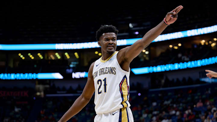 Oct 7, 2024; New Orleans, Louisiana, USA; New Orleans Pelicans center Yves Missi (21) reacts against the Orlando Magic at Smoothie King Center. Oct 7, 2024; New Orleans, Louisiana, USA; New Orleans Pelicans center Yves Missi (21) reacts against the Orlando Magic at Smoothie King Center.