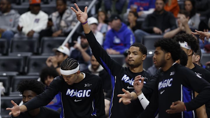 Oct 29, 2025; Detroit, Michigan, USA; Orlando Magic players celebrates a three-point basket in the first half against the Detroit Pistons at Little Caesars Arena. Mandatory Credit: Rick Osentoski-Imagn Images