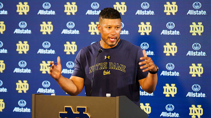 Notre Dame head coach Marcus Freeman speaks with the media after a Notre Dame football practice at Irish Athletic Center on Wednesday, July 31, 2024, in South Bend.