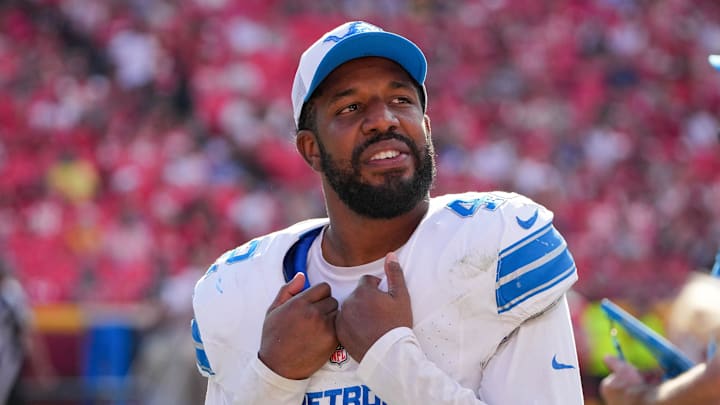 Aug 17, 2024; Kansas City, Missouri, USA; Detroit Lions linebacker Jalen Reeves-Maybin (42) on the sidelines against the Kansas City Chiefs during the game at GEHA Field at Arrowhead Stadium. Mandatory Credit: Denny Medley-Imagn Images