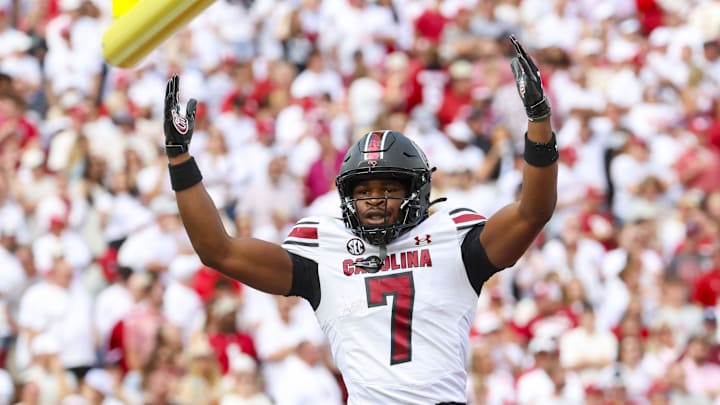 South Carolina Gamecocks defensive back Nick Emmanwori reacts after returning an interception for a touchdown.