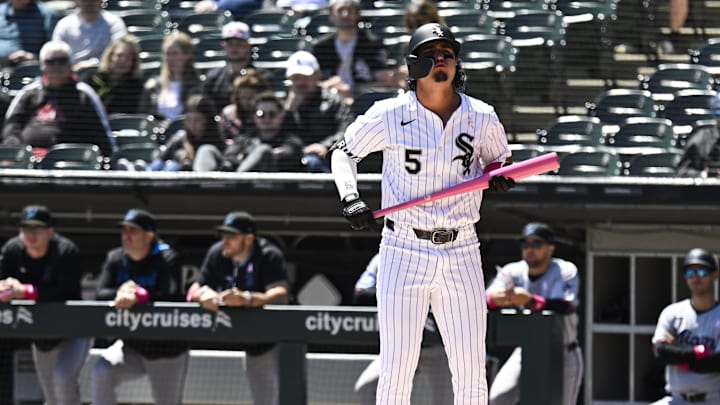 Chicago White Sox third base Josh Rojas (5) jumps after being called out on strikes during the first inning against the Miami Marlins at Rate Field on May 11. Chicago White Sox third base Josh Rojas (5) jumps after being called out on strikes during the first inning against the Miami Marlins at Rate Field on May 11.