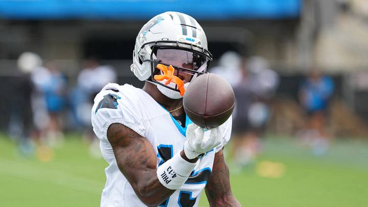 Carolina Panthers wide receiver Jimmy Horn Jr. (15) makes a catch during training camp 