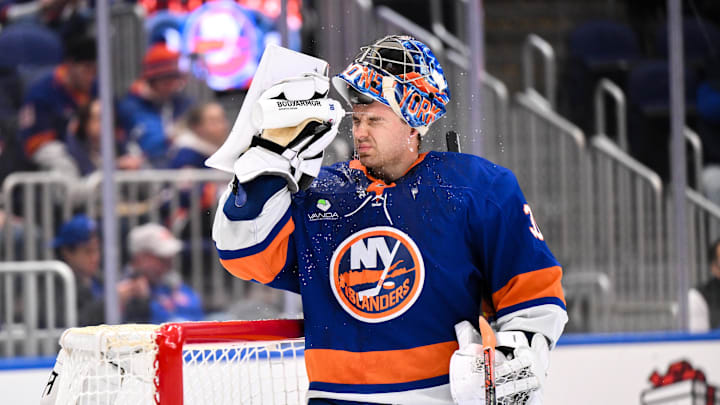 Dec 19, 2025; Elmont, New York, USA; New York Islanders goaltender Ilya Sorokin (30) during the first period against the Vancouver Canucks at UBS Arena. Mandatory Credit: John Jones-Imagn Images