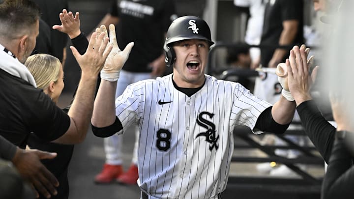 Sep 9, 2025; Chicago, Illinois, USA; Chicago White Sox catcher Kyle Teel (8) celebrates in the dugout after hitting a home run during the first inning against the Tampa Bay Rays at Rate Field. Mandatory Credit: Matt Marton-Imagn Images Sep 9, 2025; Chicago, Illinois, USA; Chicago White Sox catcher Kyle Teel (8) celebrates in the dugout after hitting a home run during the first inning against the Tampa Bay Rays at Rate Field. Mandatory Credit: Matt Marton-Imagn Images