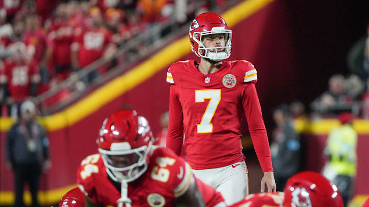 Nov 4, 2024; Kansas City, Missouri, USA; Kansas City Chiefs place kicker Harrison Butker (7) prepares to kick a field goal against the Tampa Bay Buccaneers during the game at GEHA Field at Arrowhead Stadium. Mandatory Credit: Denny Medley-Imagn Images