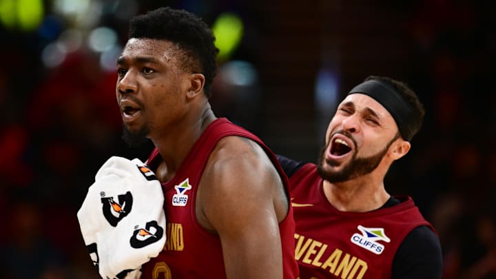 Apr 5, 2026; Cleveland, Ohio, USA; Cleveland Cavaliers center Thomas Bryant (3) and forward Larry Nance Jr. (22) celebrate after a basket by Bryant during the second half against the Indiana Pacers at Rocket Arena. Mandatory Credit: Ken Blaze-Imagn Images