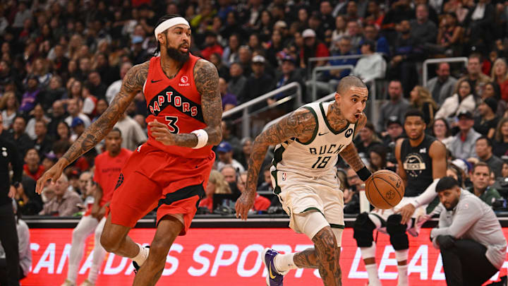 Oct 24, 2025; Toronto, Ontario, CAN; Milwaukee Bucks forward Kyle Kuzma (18) dribbles past Toronto Raptors forward Brandon Ingram (3) in the second quarter at Scotiabank Arena. Mandatory Credit: Gerry Angus-Imagn Images Oct 24, 2025; Toronto, Ontario, CAN; Milwaukee Bucks forward Kyle Kuzma (18) dribbles past Toronto Raptors forward Brandon Ingram (3) in the second quarter at Scotiabank Arena. Mandatory Credit: Gerry Angus-Imagn Images