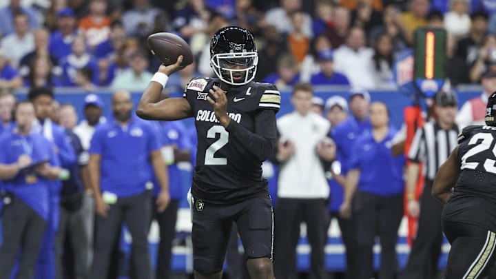 Dec 28, 2024; San Antonio, TX, USA; Colorado Buffaloes quarterback Shedeur Sanders (2) attempts a pass during the first quarter against the Brigham Young Cougars at Alamodome.  