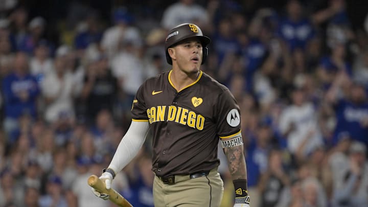 San Diego Padres third baseman Manny Machado (13) reacts after striking out in the sixth inning against the Los Angeles Dodgers during game two of the NLDS.